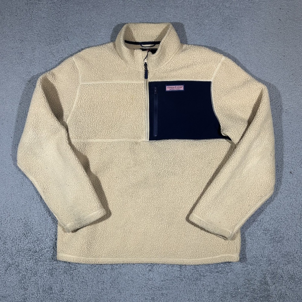 Vineyard Vines Mens Large Sherpa Fleece Pullover 1/4 Zip Stillwater Tan
